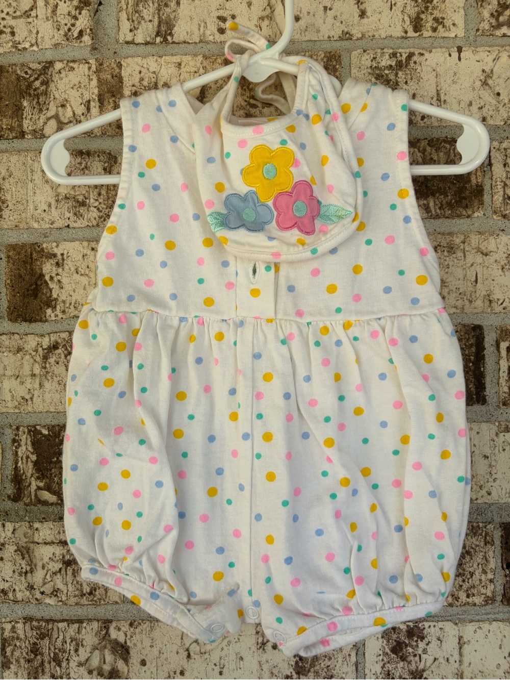 Vintage White Polka Dot Baby One-Piece with Floral Bib - Multicolor